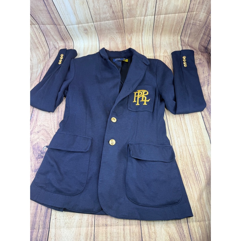 Polo Ralph Lauren Navy Blue Knit Crest Blazer Gold Button Jacket Size 6